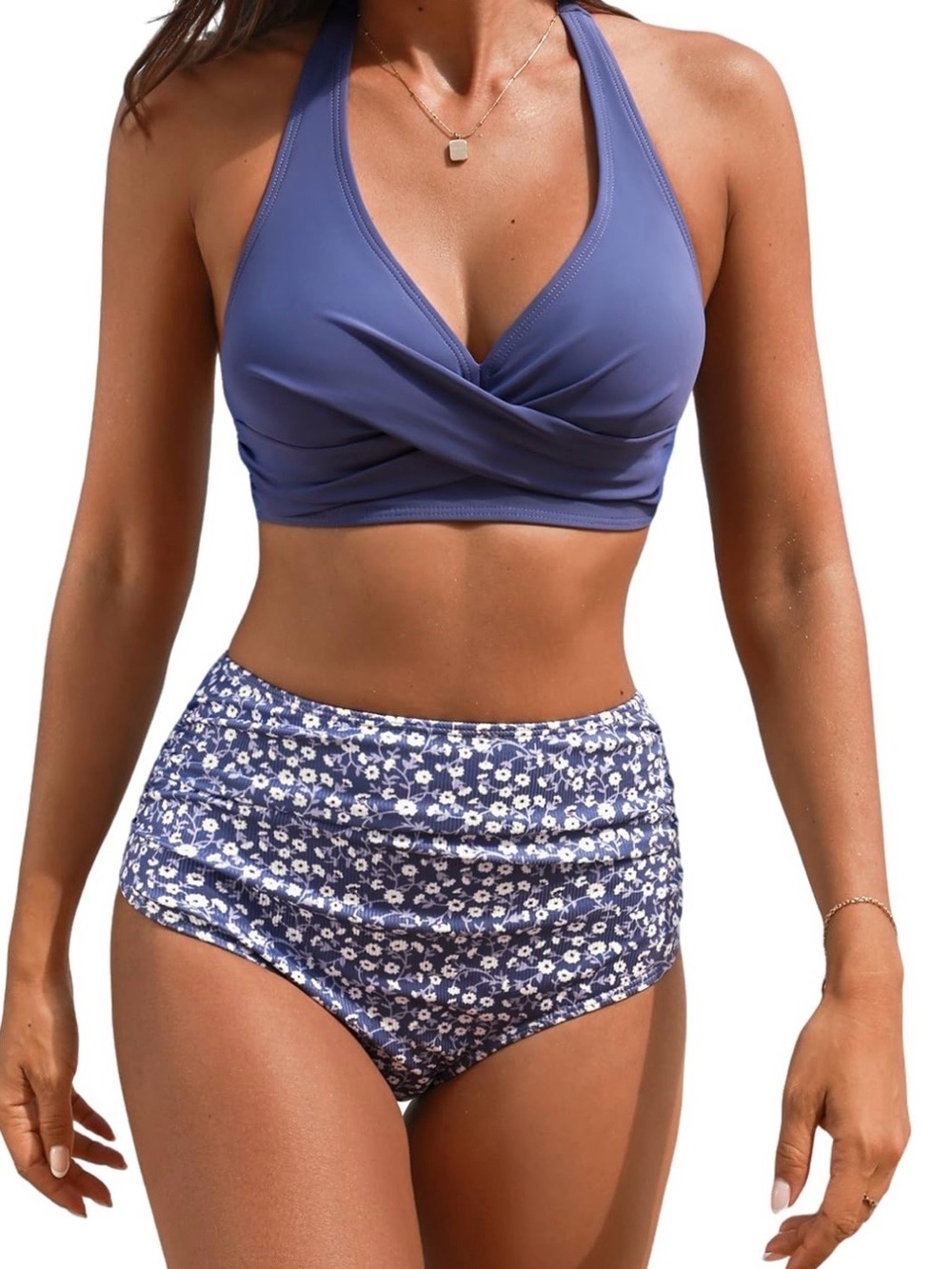 CUPSHE SZ Large Twist Front High Waist Ditsy Bottoms Purple Floral Bikini New x